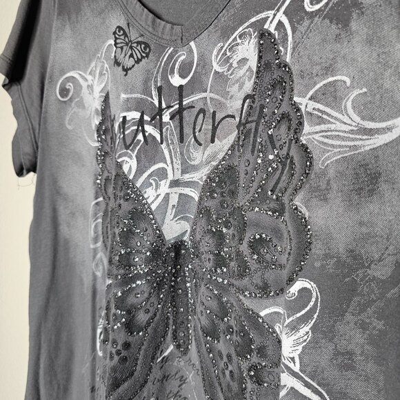 Y2K Ragzzz Size Large Grey Fitted Short Sleeve Tee Butterfly Graphic With Glitte - Picture 2 of 5
